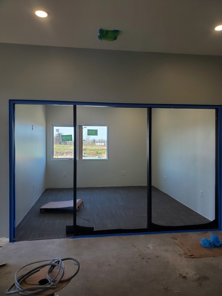 A room with a sliding glass door and blue walls.