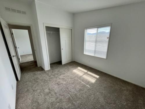 An empty room with carpet and a closet.