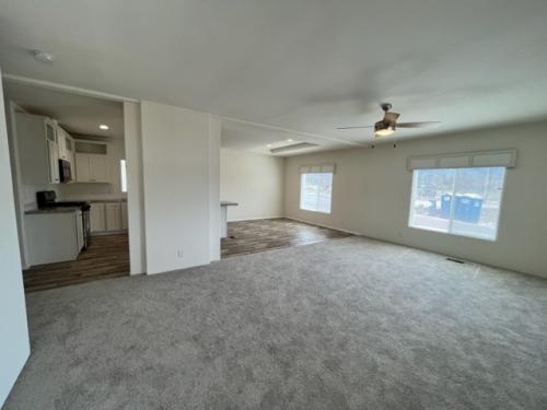 An empty living room with a ceiling fan and carpet.