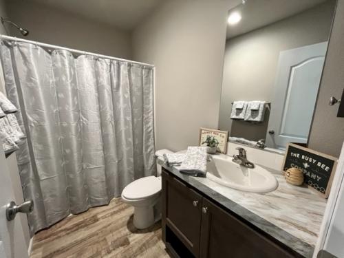 A bathroom with a toilet, sink and shower curtain.